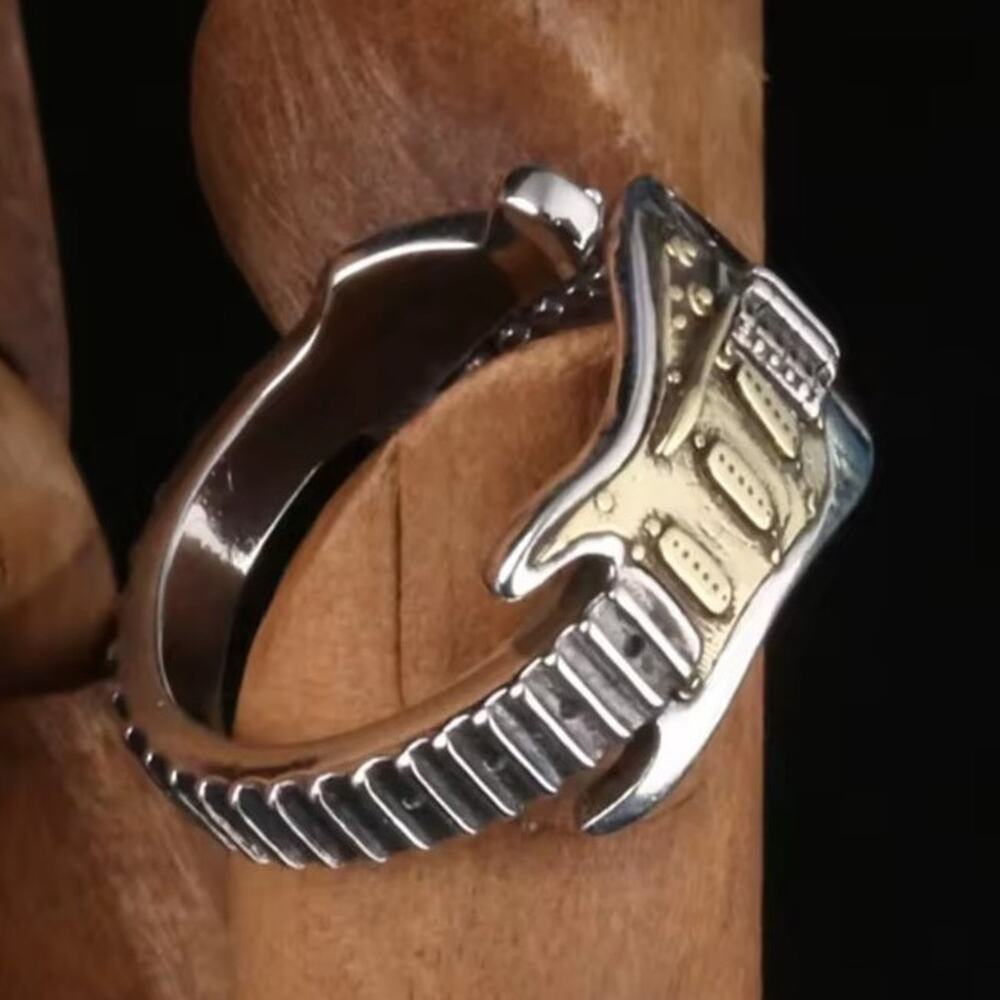 925 Silver Plated Guitar Ring Punk Metal Music Men's Christmas Birthday Gift NEW